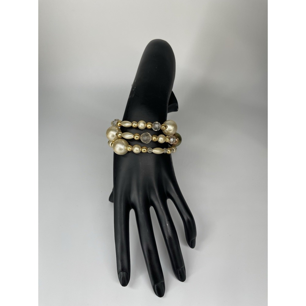 Vintage Faux Pearl Beaded Wrap Bracelet Gold Tone‎ Crystal Stretch Women